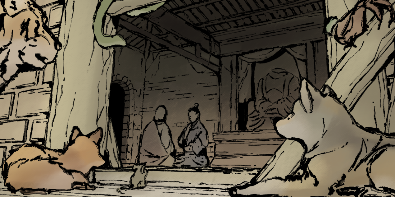 《三相奇谈》手绘游戏场景，动物与人物围坐在古建筑前