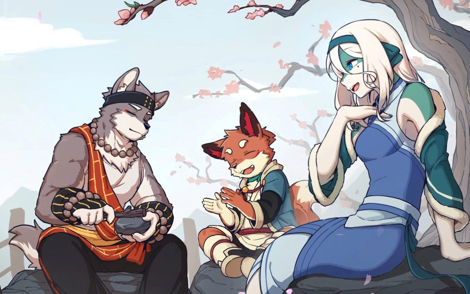『三相奇談』のキャラクターイラスト。花の咲く木の下に3人の擬人化された動物が座っている