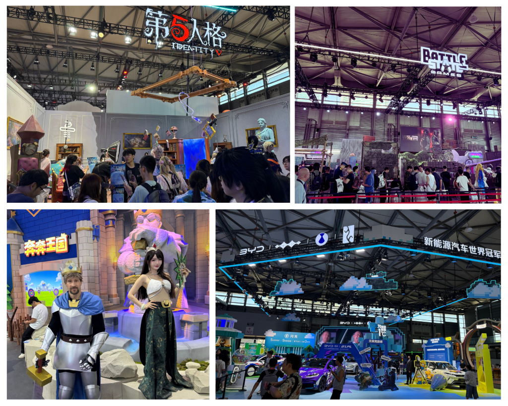 ChinaJoy展台照片拼图，包含《第五人格》标识、角色扮演者及现场观众